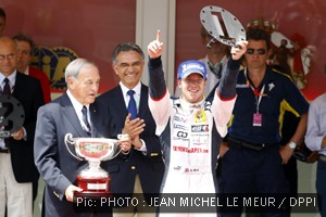 Sam Bird celebrates victory in Monaco